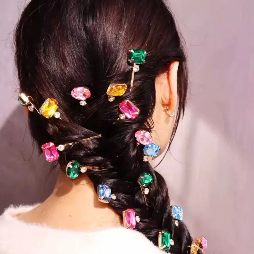 Colorful Rhinestone Gold Bobby Pin 6 pc Oval Rectangle Clip Hair Accessory NEW